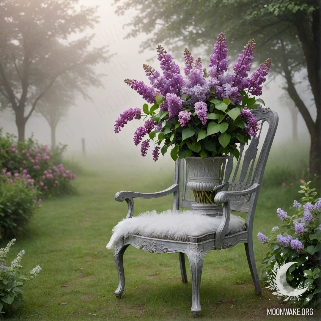 Старинный потертый стул в туманном саду с вазой, полной сирени.