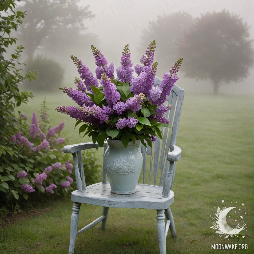 В винтажном шебби-стуле в саду стоит ваза с сиренью, окруженная плотным туманом.