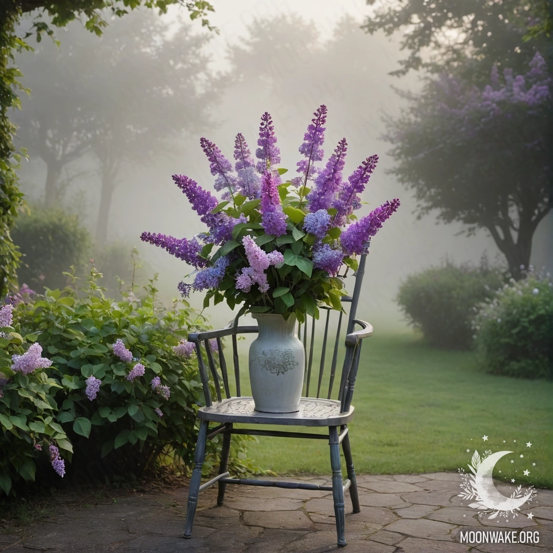 Винтажный обветренный стул в саду с вазой, наполненной сиренью, в окружении густого тумана.