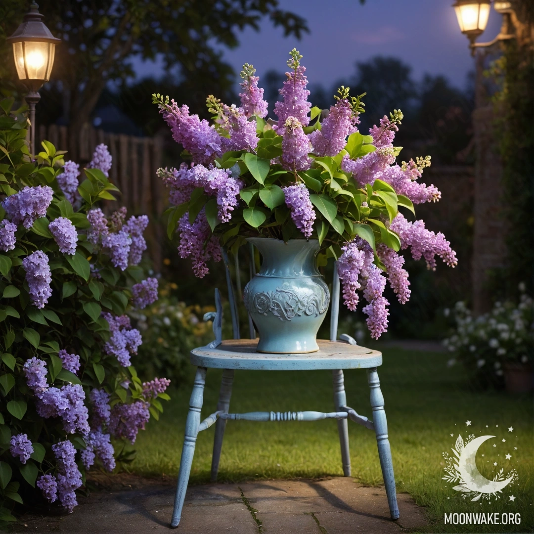 Винтажный shabby chair с вазой сирени на нем, в саду ночью.