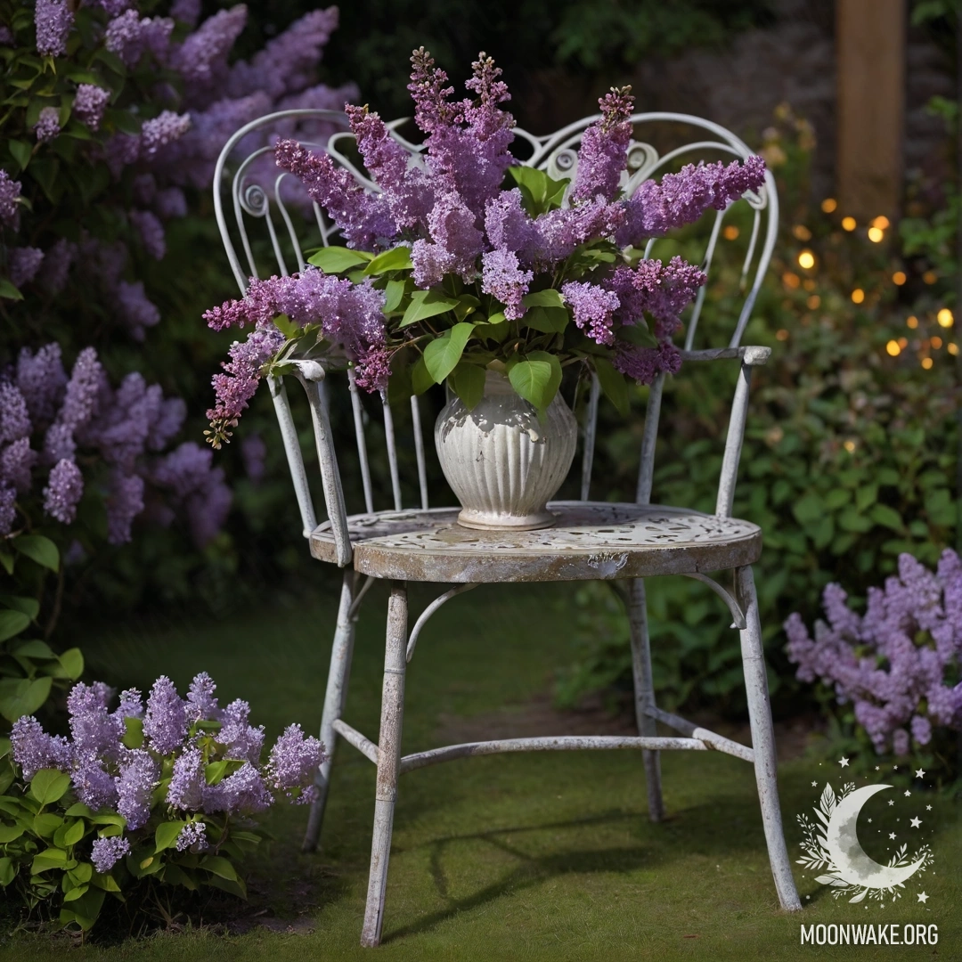 Винтажный shabby стул в саду с вазой сирени на нем ночью.