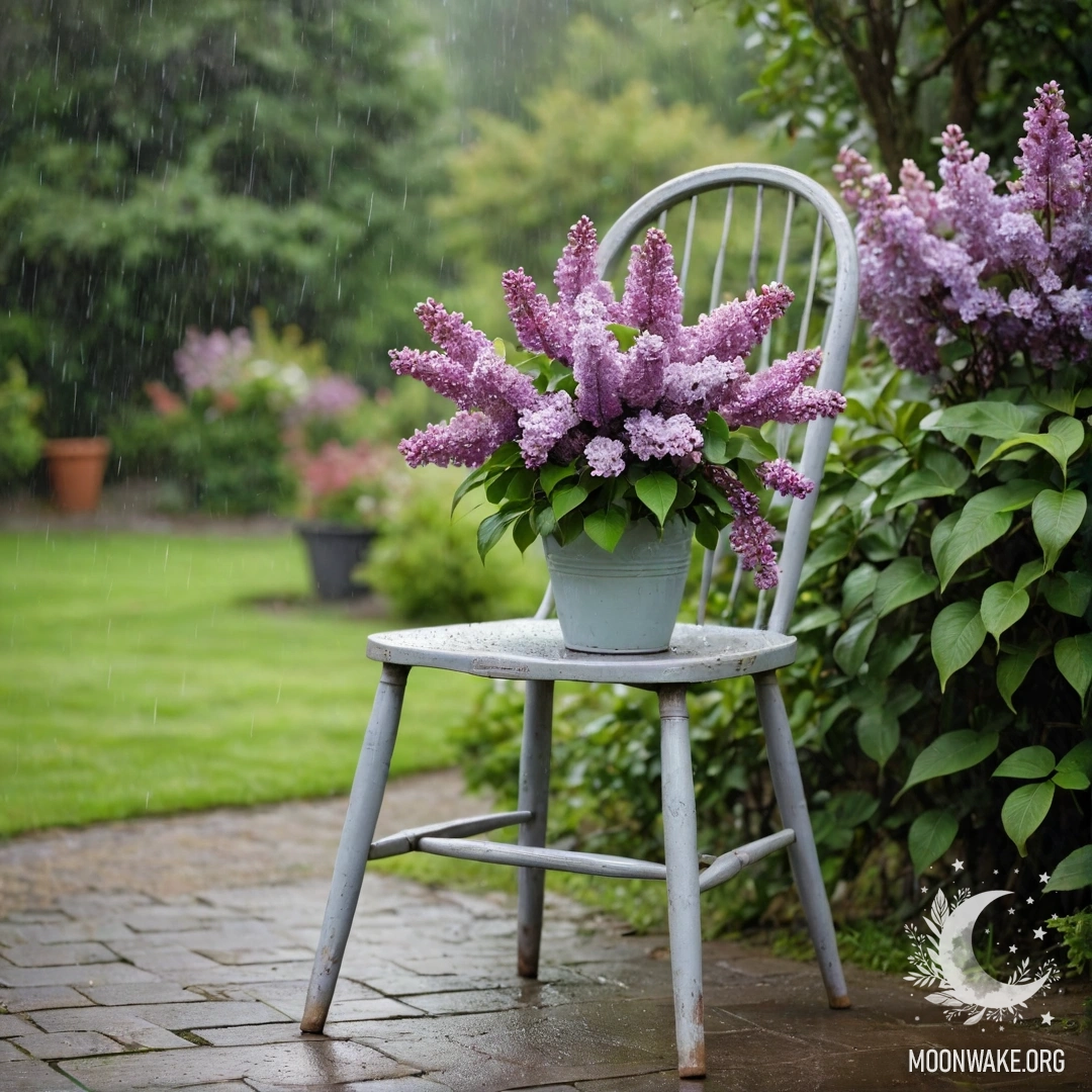 Винтажный обветшавший стул с вазой, на которой стоит букет сирени, окруженный lush- садом под дождем.