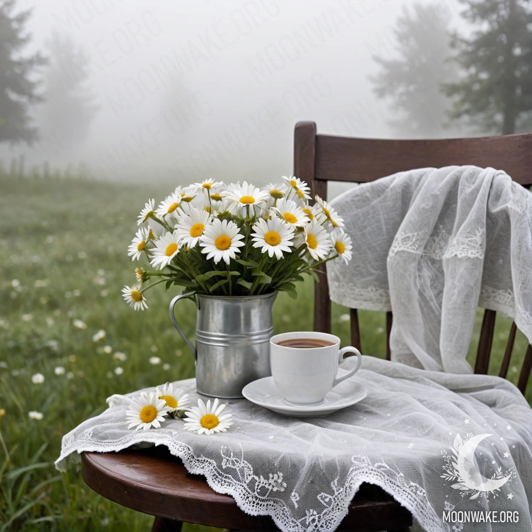 Крупный план красивого винтажного кресла, обитого белой прозрачной тканью, рядом с чашкой кофе и белым молочным ведром с букетом ромашек, окутанным густым туманом.