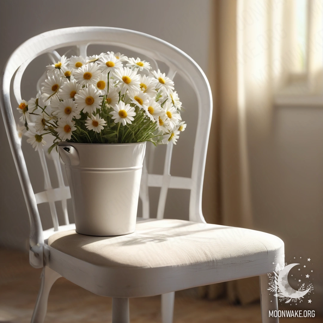 Крупный план старинного потерянного стула с белой тканью, чашкой кофе и молочным ведром с ромашками под лучами солнца.