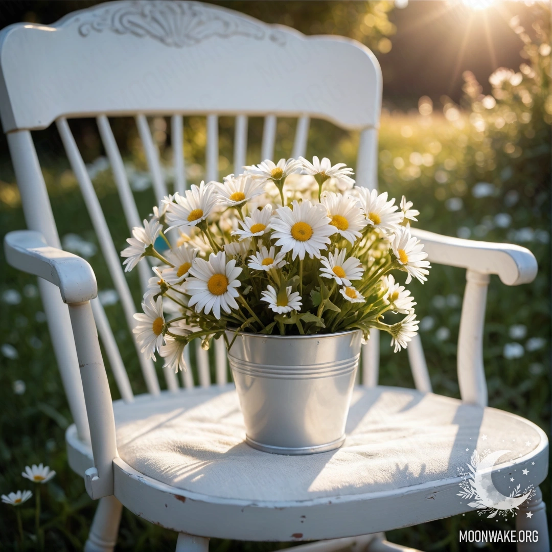 Красивый винтажный стул с чашкой кофе и ведерком с ромашками на нём на фоне заката.