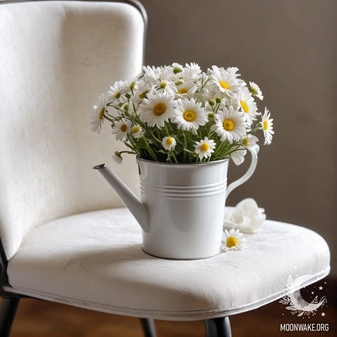 Крупный план винтажного стула с чашкой кофе и букетом ромашек в ведре молока.