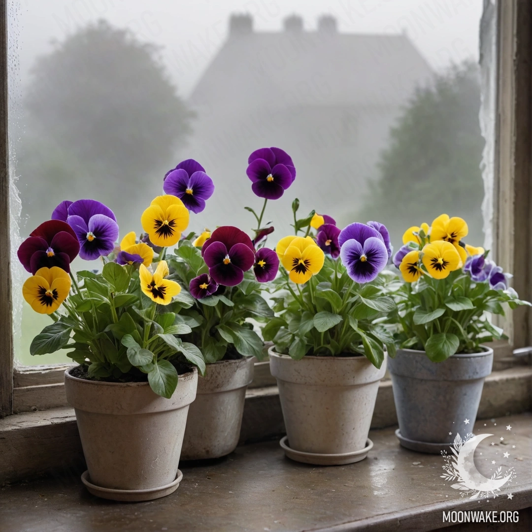 Коллекция красивых винтажных цветочных горшков с анютиными глазками в густом тумане.