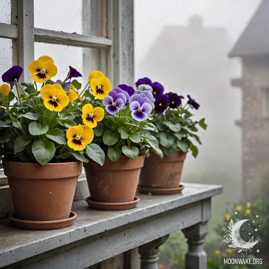 Спокойная сцена с винтажными цветочными горшками, наполненными фиалками, на запотевшем подоконнике.