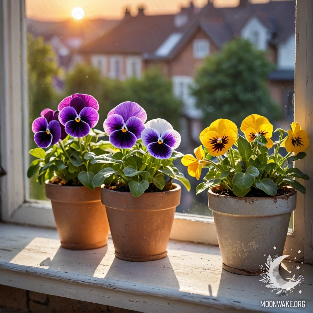 Нежные винтажные цветочные горшки с фиалками на потрепанном подоконнике во время заката.