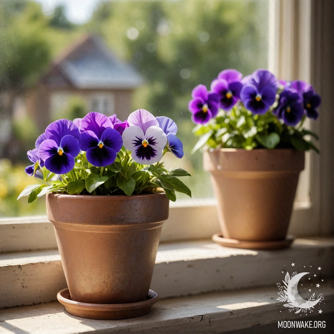 Уютные винтажные цветочные горшки с анютиными глазками на старом подоконнике.