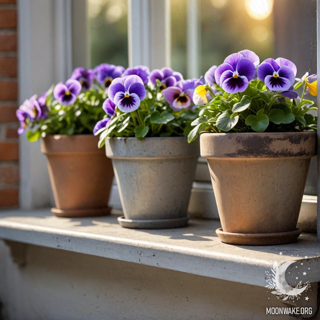 Фотореалистичное изображение цветочных горшков с фиалками на потертой подоконнике на фоне заката.