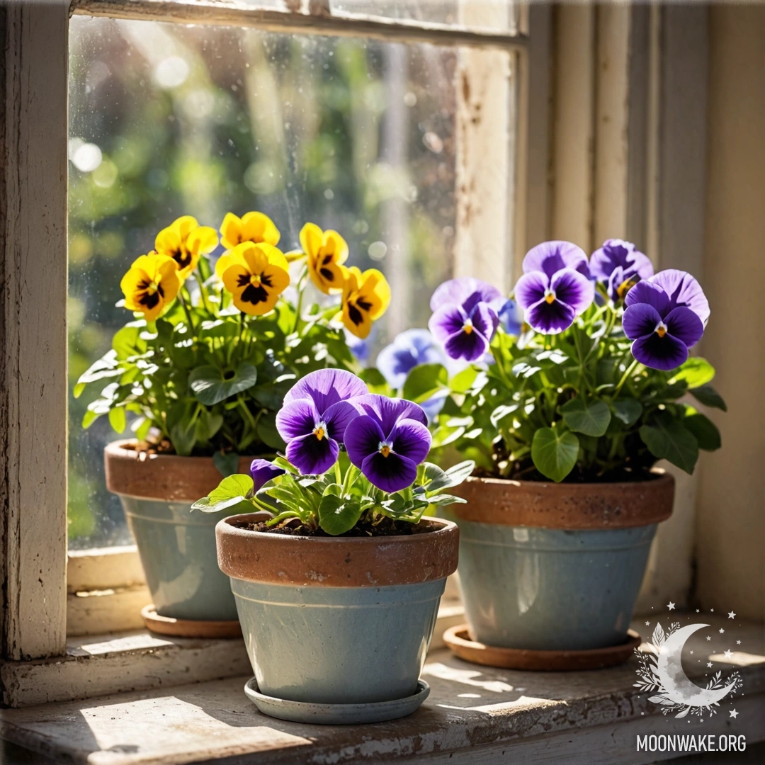 Фотография винтажных цветочных горшков с фиалками, стоящих на потрепанном подоконнике, освещенном солнечными лучами.