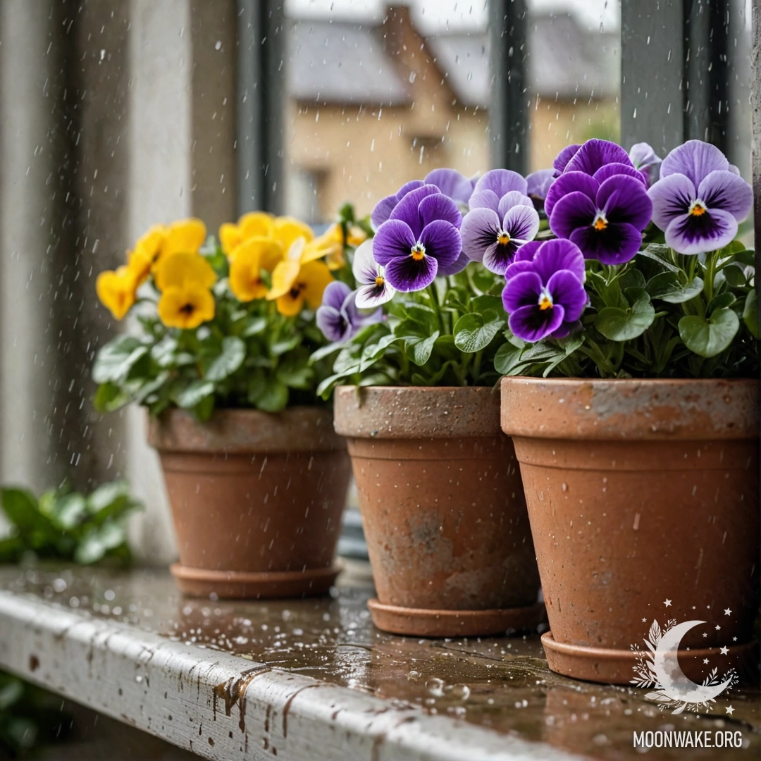 Уютная сцена с винтажными цветочными горшками, в которых растут пансионы, на помятом подоконнике под дождем.