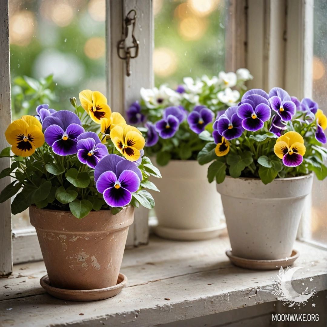 Фотореалистичное изображение спокойных винтажных цветочных горшков с пансиами, окруженными гирляндами света на потертом подоконнике.