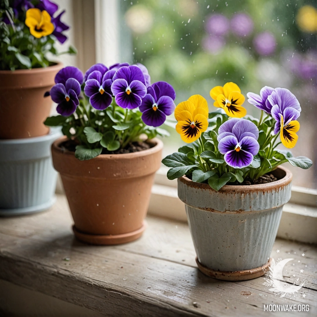 Спокойные винтажные цветочные горшки с фиалками на потертом подоконнике