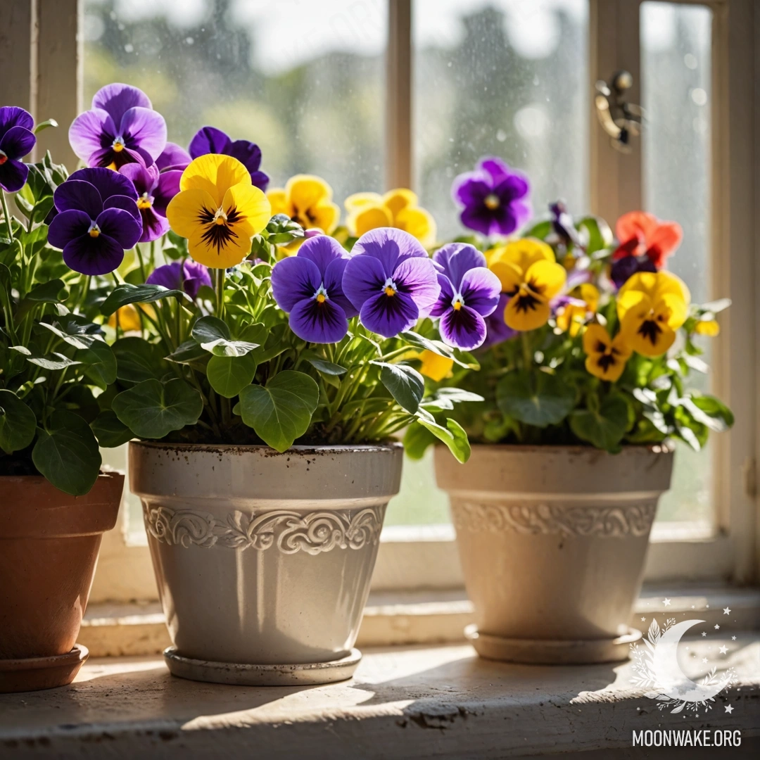Уютная сцена с винтажными цветочными горшками, наполненными фиалками, освещенными солнечными лучами на потертом подоконнике.