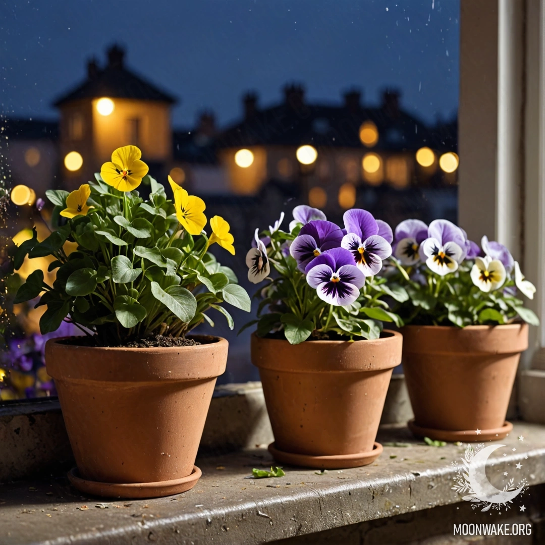 Абстрактные винтажные цветочные горшки с фиалками на потертом подоконнике ночью.