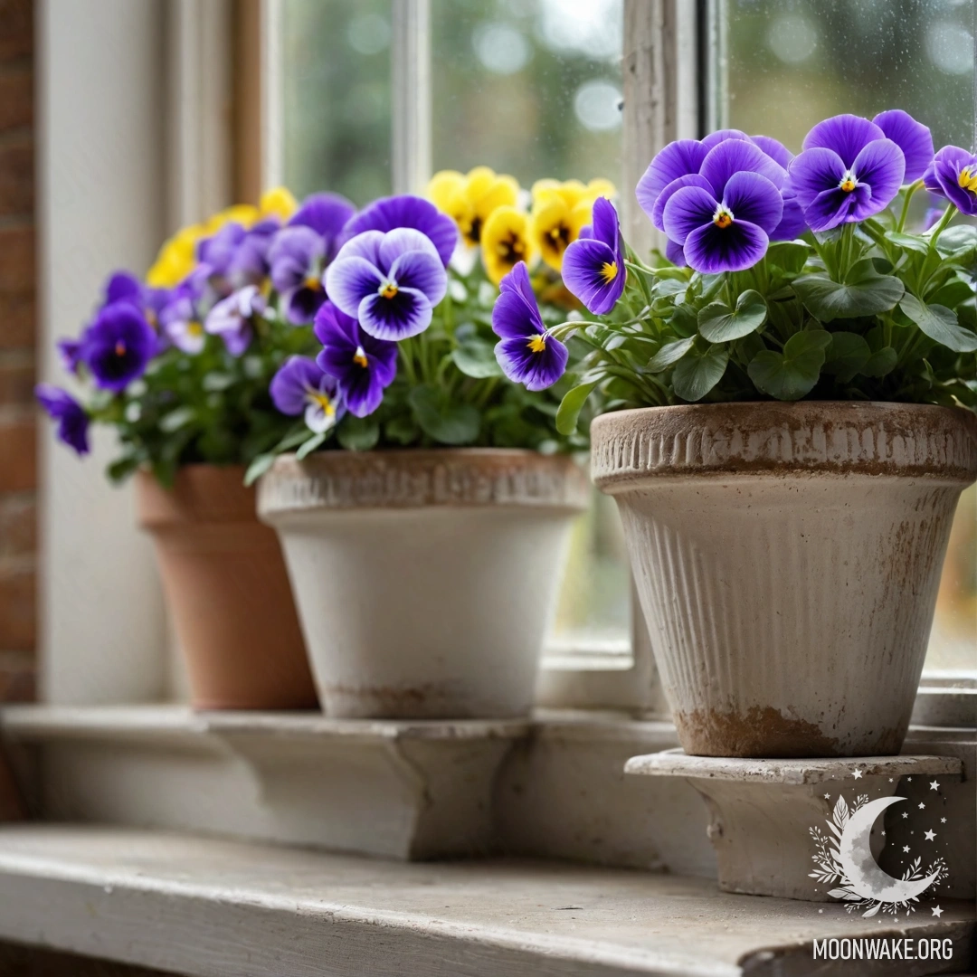 Абстрактные винтажные цветочные горшки с анютиными глазками на потрепанном подоконнике.