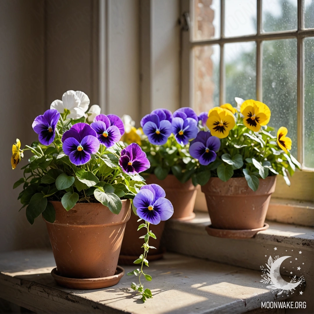 Спокойные винтажные цветочные вазоны с анютиными глазками на старомощном подоконнике, освещенные гирляндами.