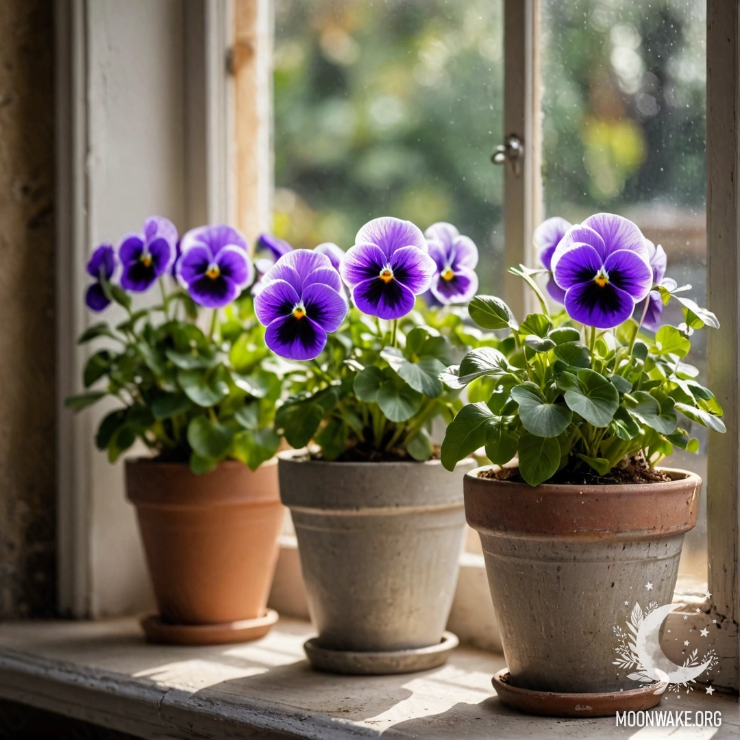 Винтажные цветочные горшки, заполненные анютиными глазками, на изношенном подоконнике.
