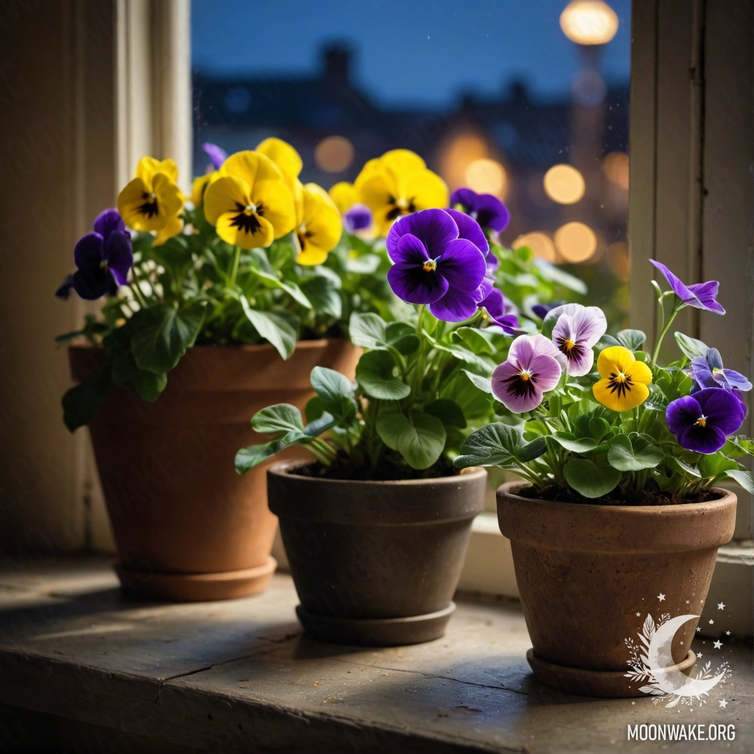 Фотография винтажных цветочных горшков с фиалками на потертой подоконнике ночью.