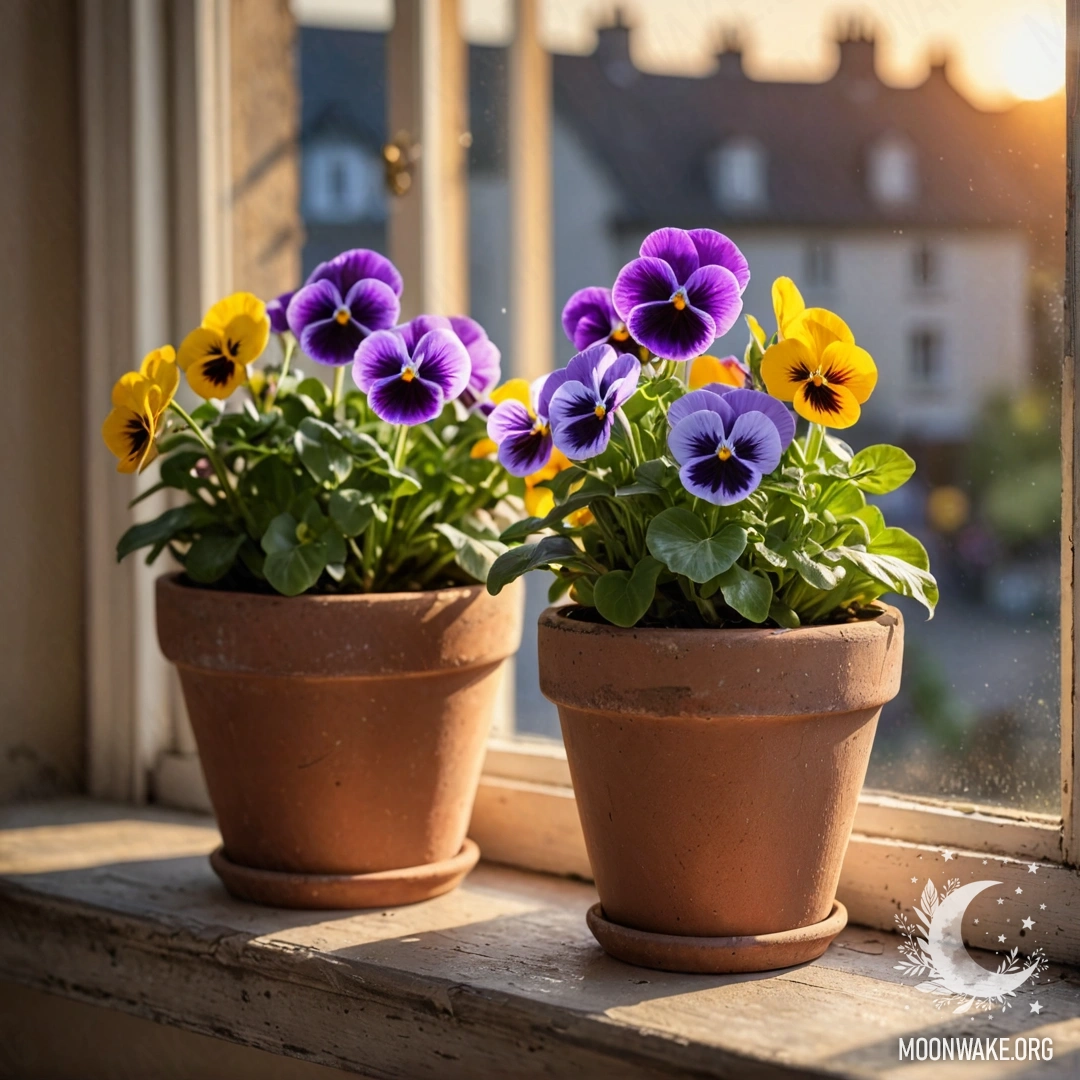 Нежные винтажные цветочные горшки с фиалками на потрепанном подоконнике на закате.