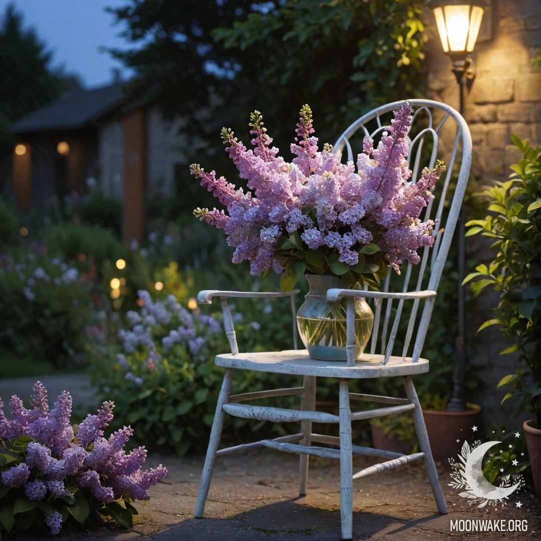 Винтажный обветренный стул в саду ночью, украшенный вазой с сиренями.