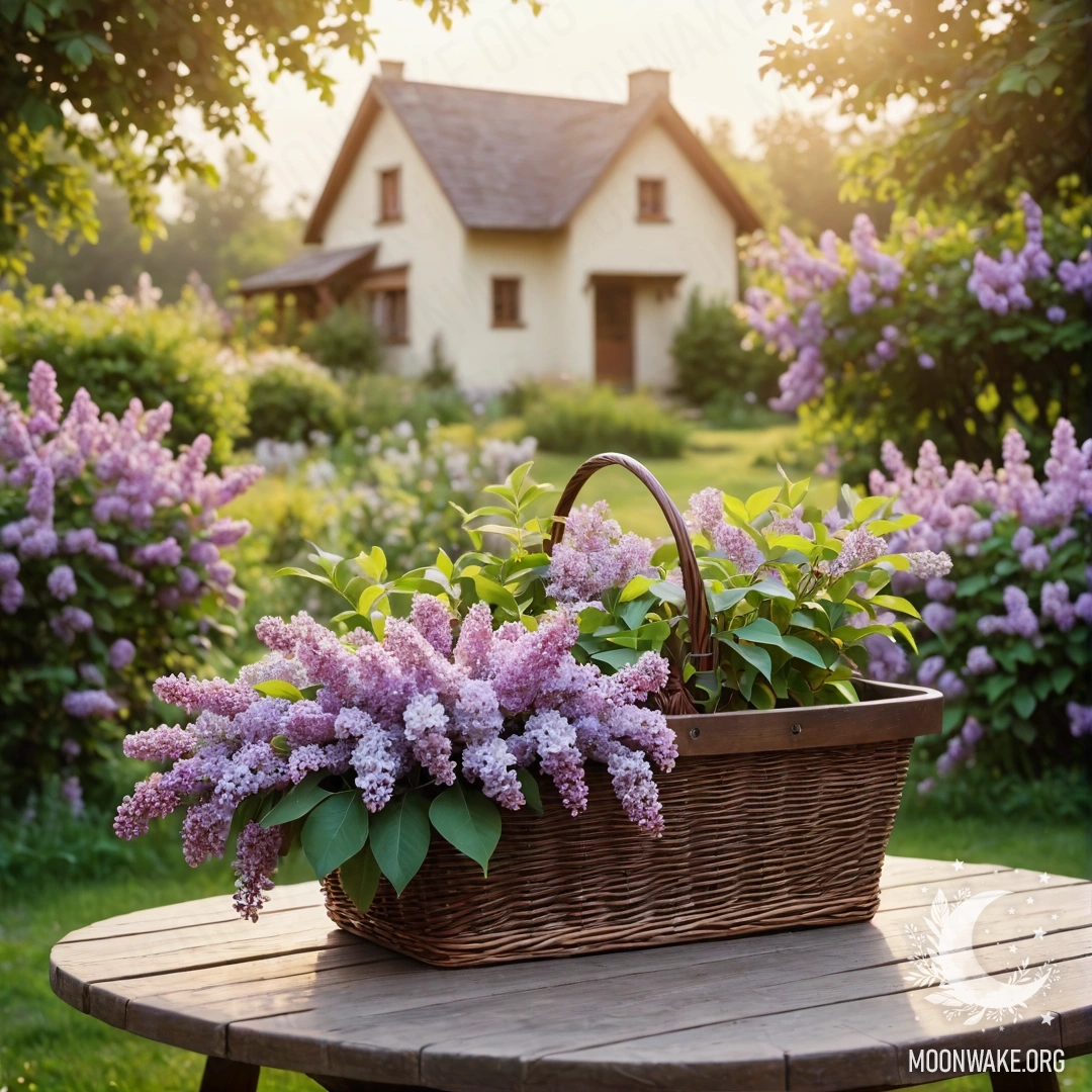 Очаровательный старинный деревянный стол с сиренью в корзине, расположенный в саду на закате.