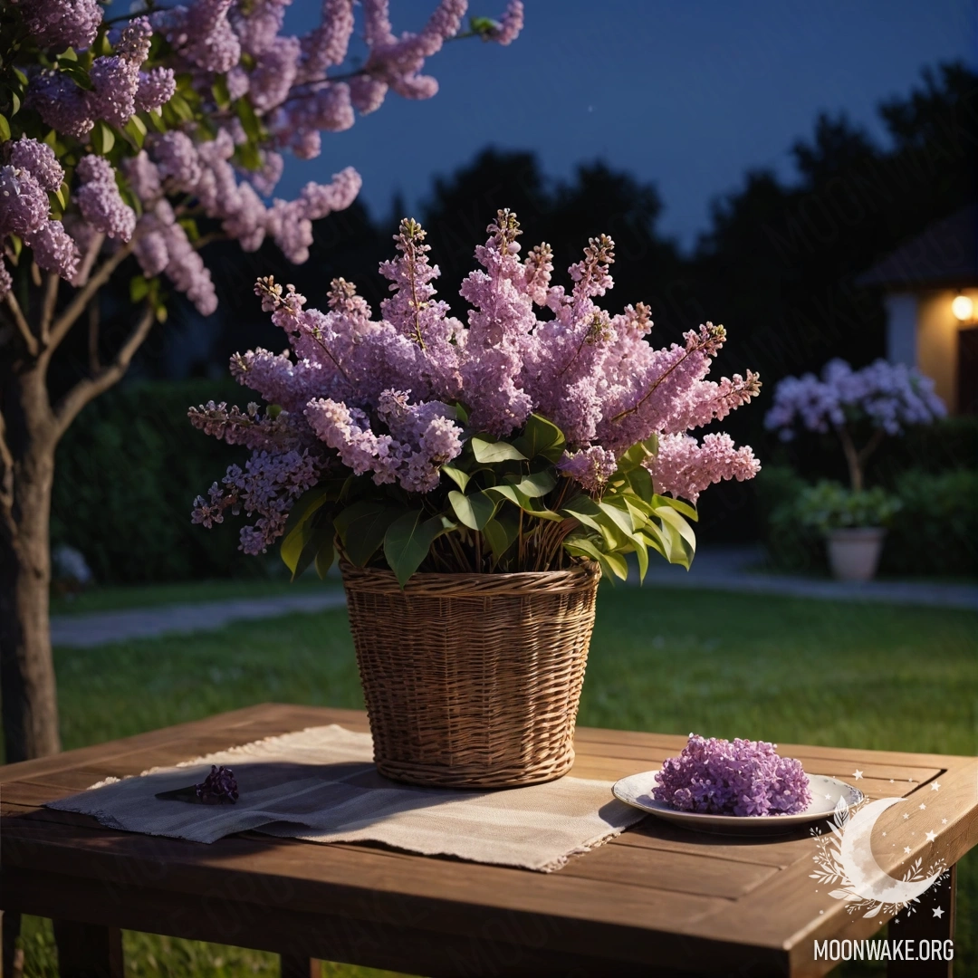 Минималистичный деревянный стол с корзиной сирени в саду ночью.