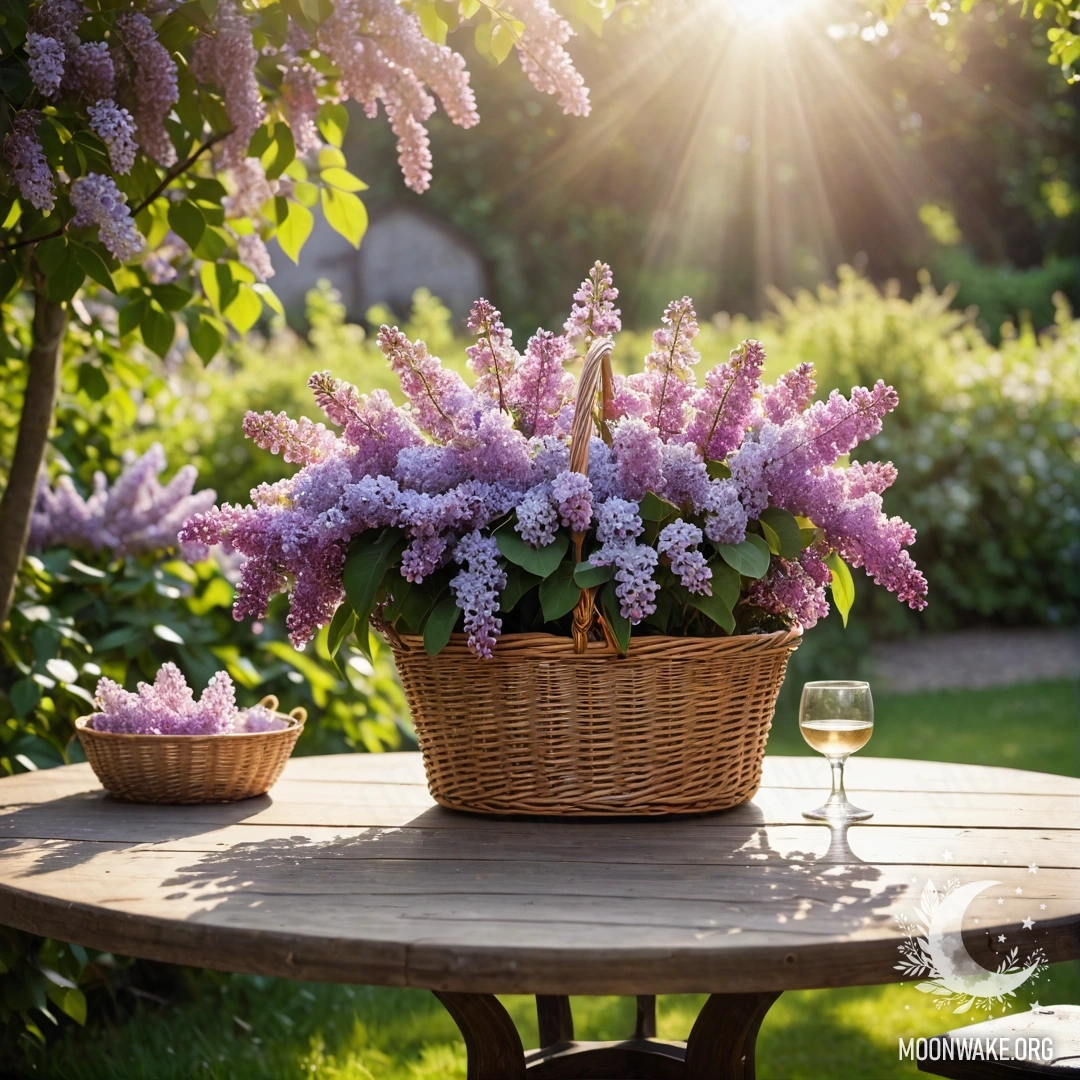 Винтажный деревянный стол с корзиной сирени в саду, освещённом лучами солнца.