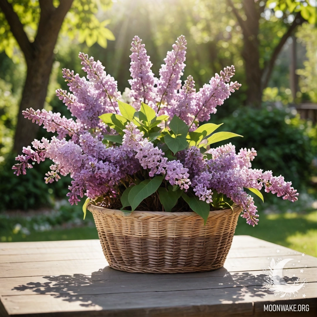 Винтажный деревянный столик с корзиной сирени в саду, лучи солнца пробиваются сквозь зелень.