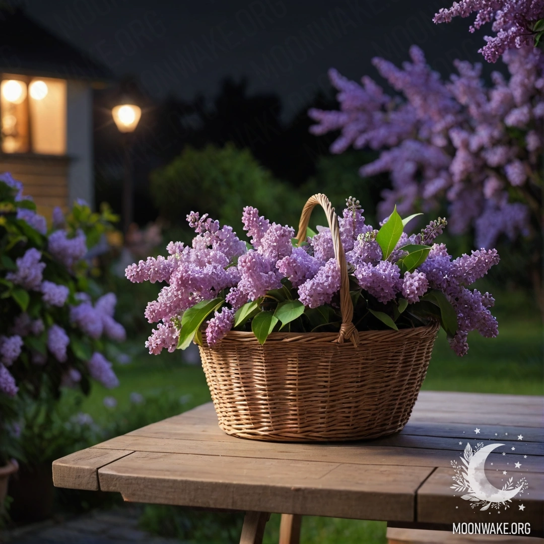 Деревянный стол с корзиной сирени в спокойном саду на ночь.