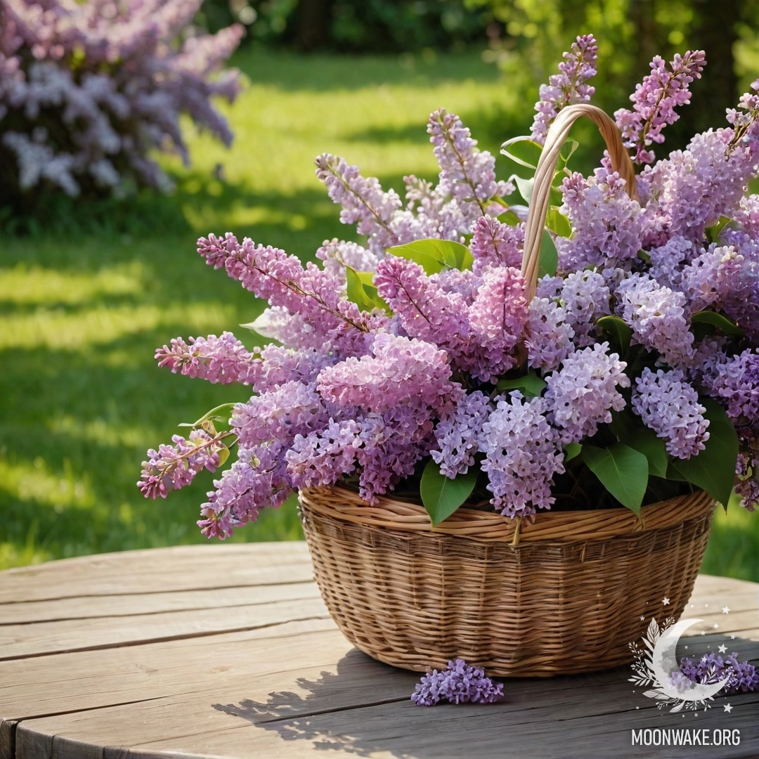 Винтажный деревянный стол, расположенный в саду, рядом с корзиной, наполненной сиренью, окружённый lush зеленью.