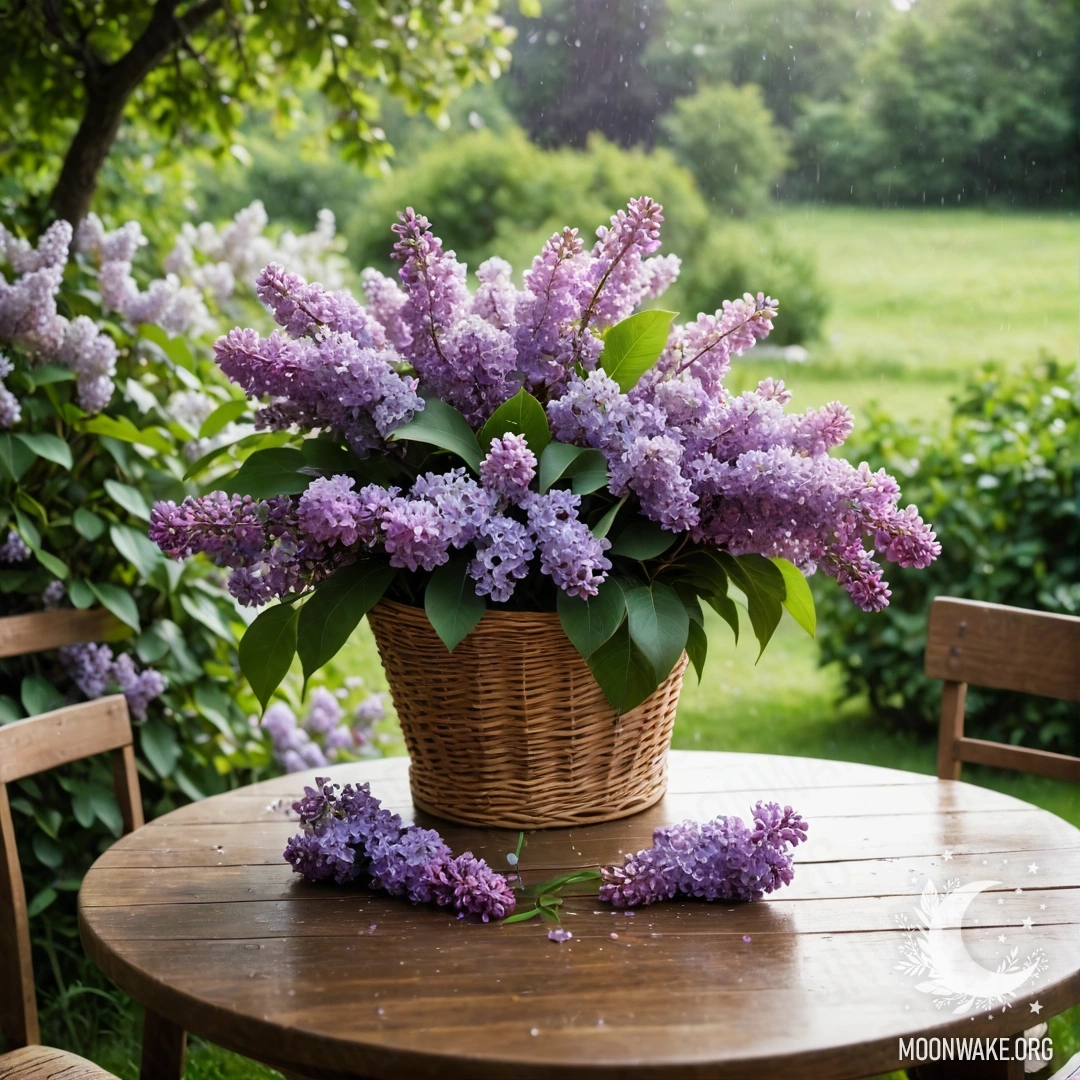 Старинный деревянный стол с корзиной сирени в саду под дождём.