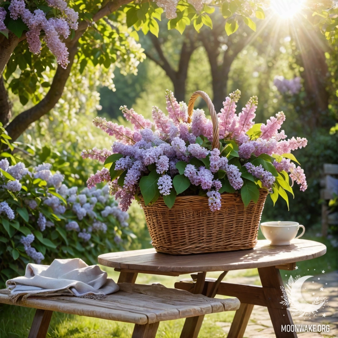 Винтажный деревянный стол, окруженный садом и корзиной с сиренью, освещенный солнечными лучами.