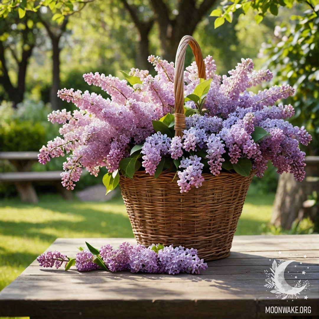 Старинный деревянный стол в саду с корзиной сирени.