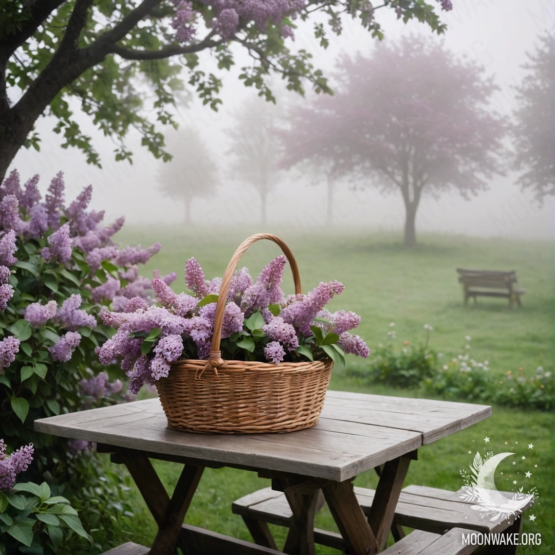 Винтажный деревянный стол с корзиной сирени в саду, окутанном густым туманом.