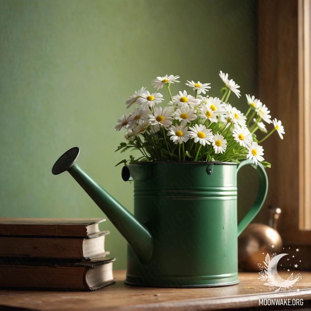 Винтажная зеленая лейка, украшенная свежими ромашками, стоит на минималистичном ночном столике.