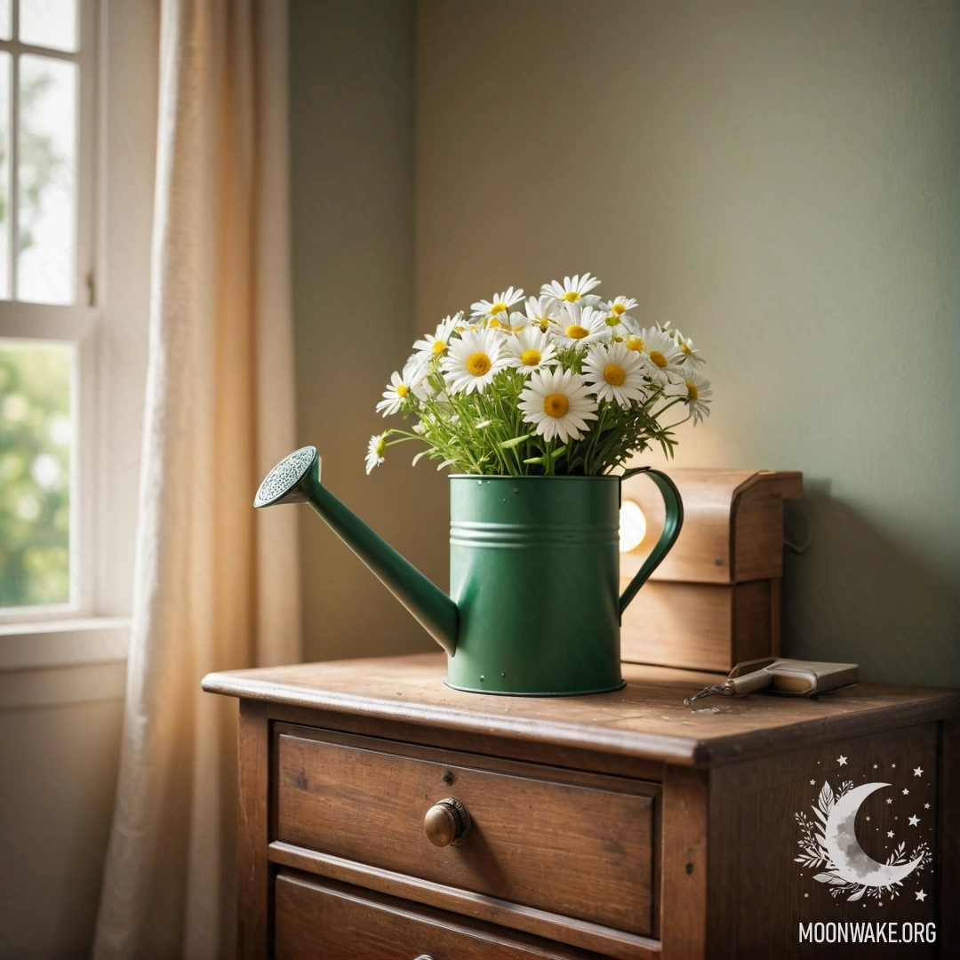 Винтажная зеленая лейка с ромашками на ночном столике с гирляндами.