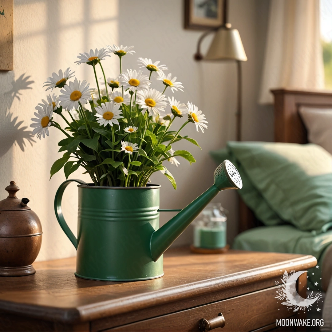 Винтажная зелёная лейка с живыми ромашками, стоящая на ночном столике на закате.
