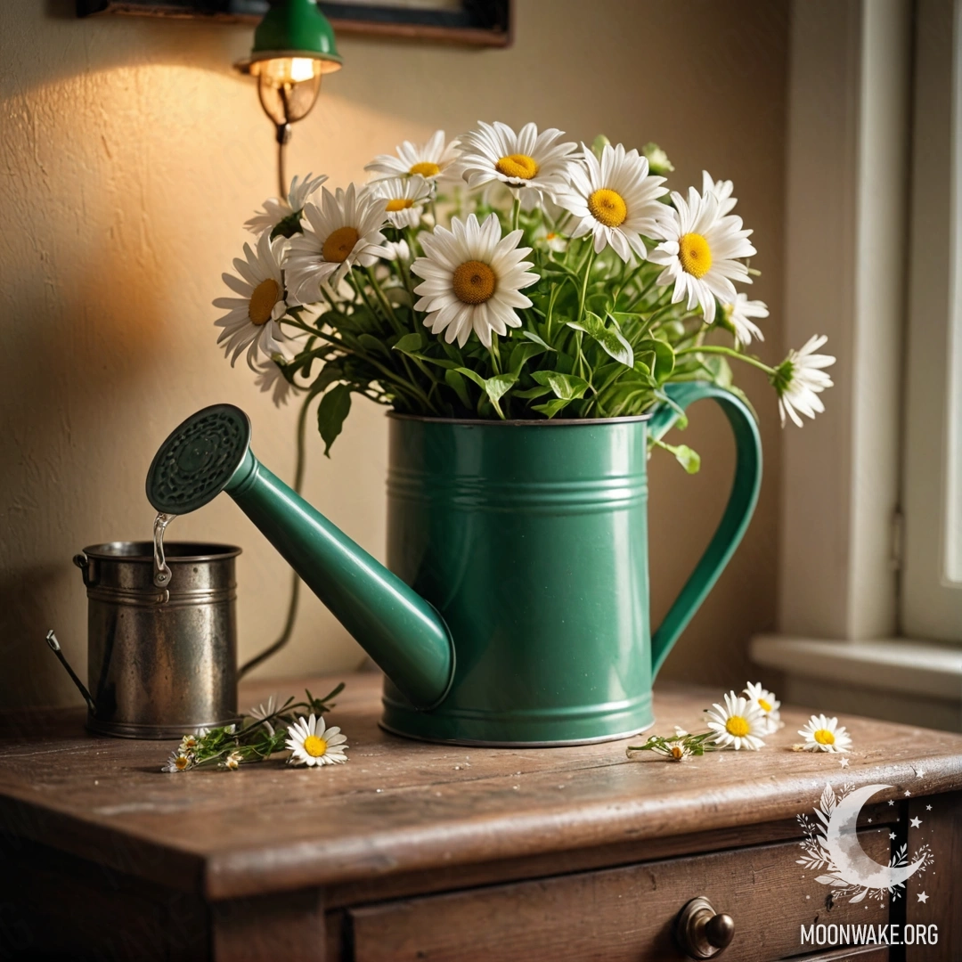 Винтажный зеленый лейка, украшенная свежими ромашками, стоит на ночном столике, освещённом мягким светом гирлянды.