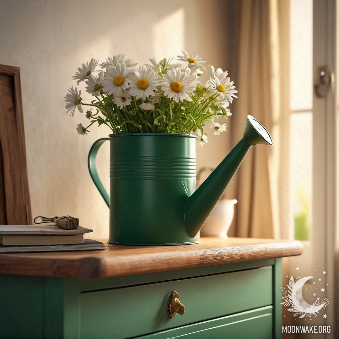 Винтажная зеленая лейка с ромашками на ночном столике на закате.