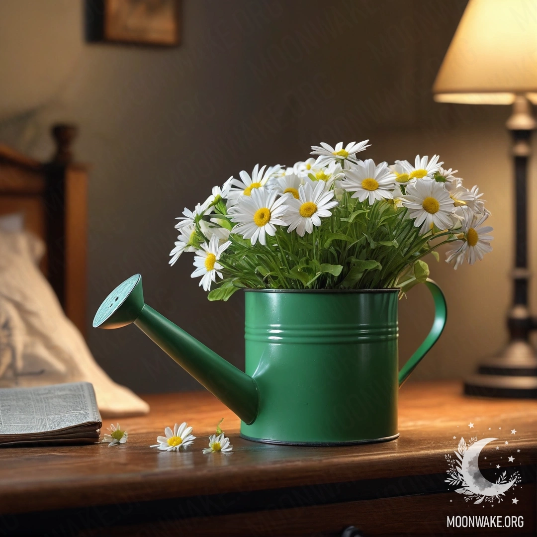 Старинная зелёная лейка с ромашками на ночном столике, нежно освещённая вечерним светом.