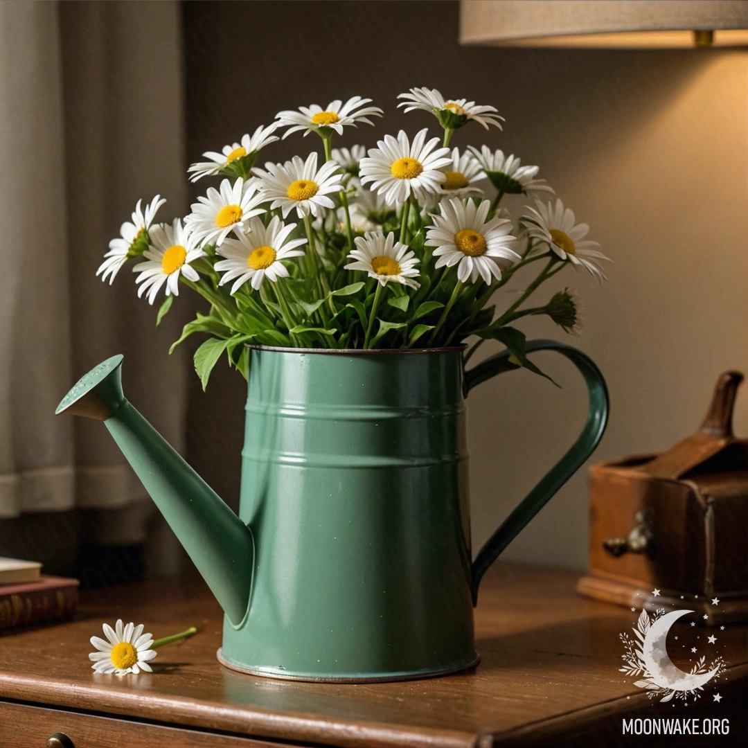 Винтажная зеленая лейка с ромашками стоит на ночном столике.