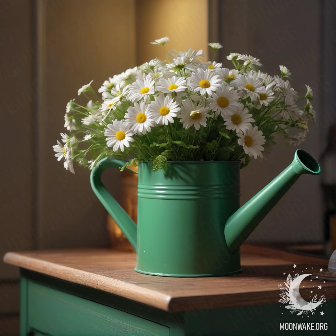Винтажная зелёная лейка с ромашками на ночном столике ночью.
