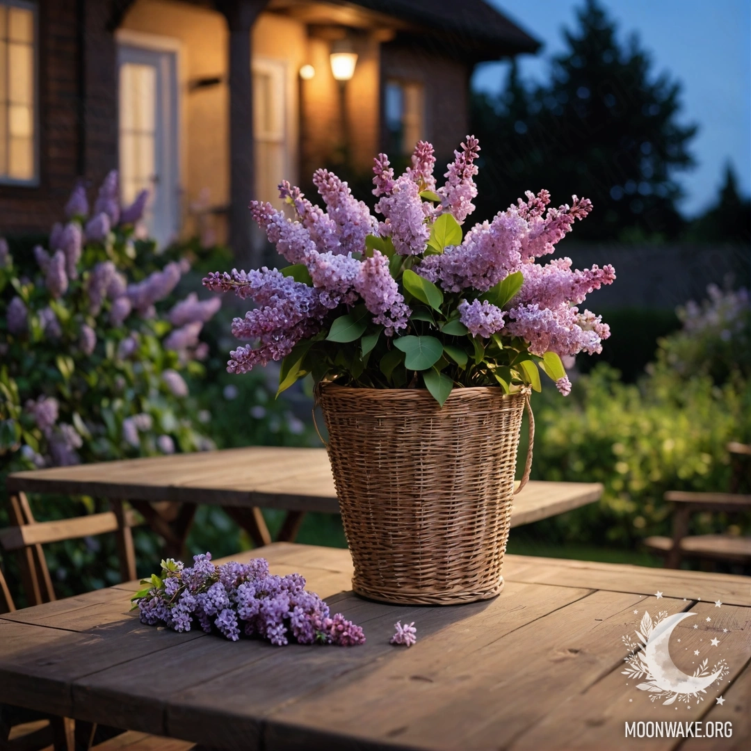 Старый деревянный стол с корзиной сирени в саду ночью.