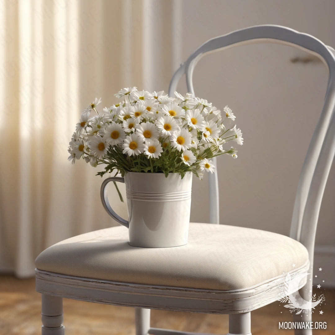 Винтажный стул, накрытый полупрозрачной белой тканью, рядом с чашкой кофе и ведром с ромашками, освещенными мягким солнечным светом.
