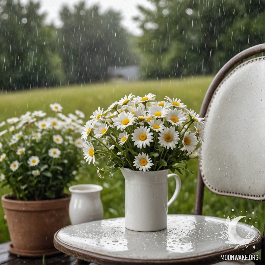 Крупный план старого винтажного стула, накрытого полупрозрачной тканью, с чашкой кофе и ведром с ромашками под дождем.