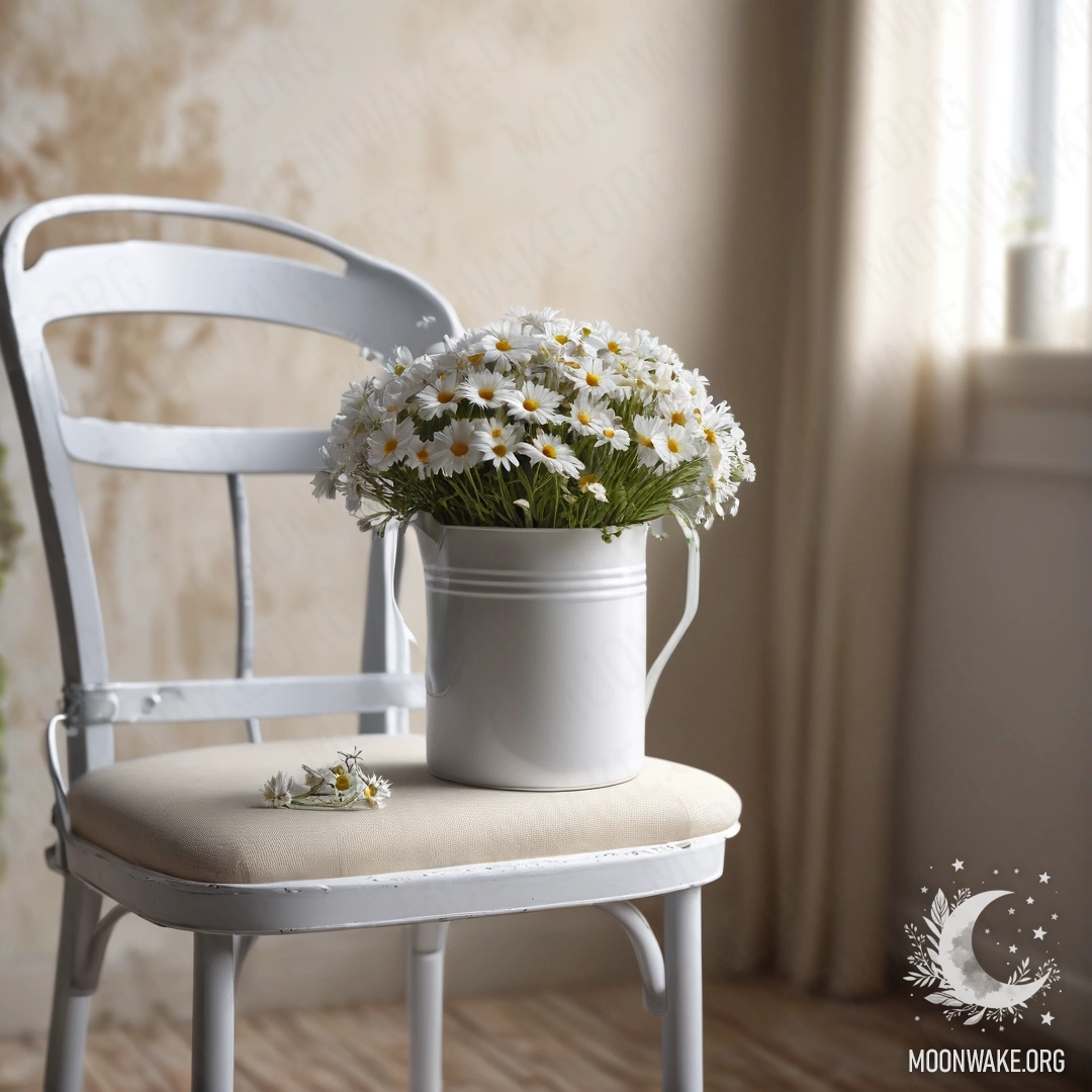 Крупный план винтажного стула в стиле шебби с белой полупрозрачной тканью, чашка кофе рядом с белым молочным ведром, наполненным ромашками и подсвеченным гирляндой.