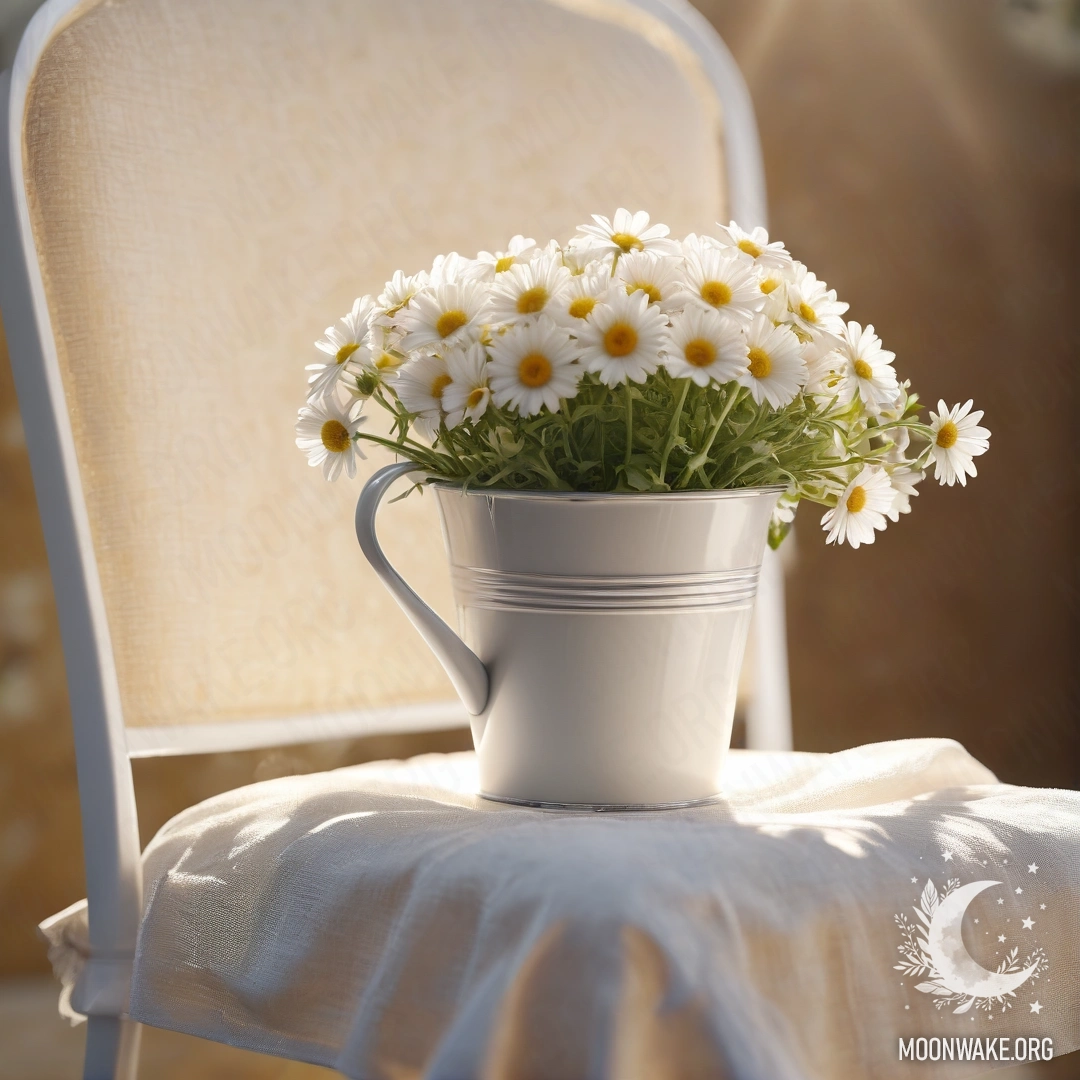 Крупный план винтажного кресла, украшенного белым тканевым покровом, чашка кофе и молочный ведерко с ромашками, освещенными солнечными лучами.